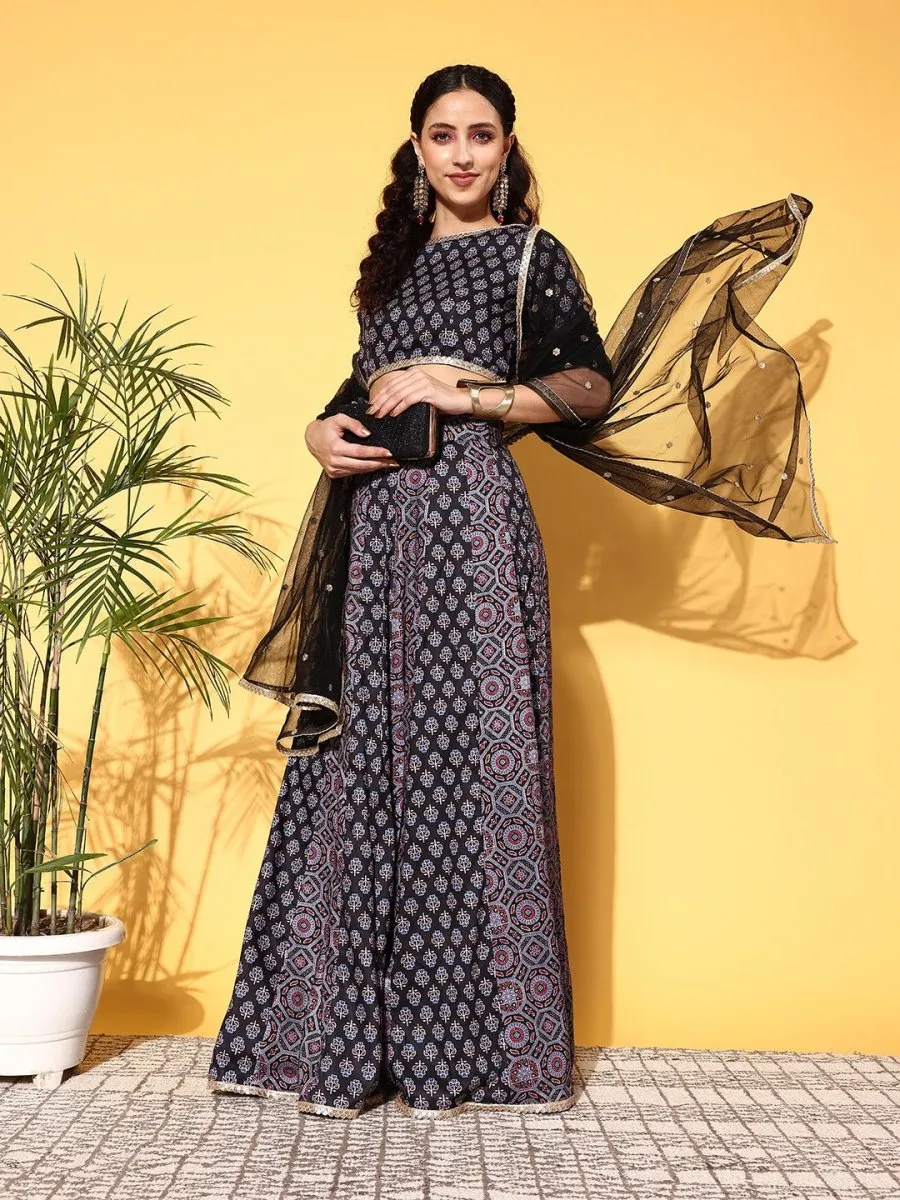 Black & Pink Printed Semi-Stitched Lehenga & Unstitched Blouse With Dupatta