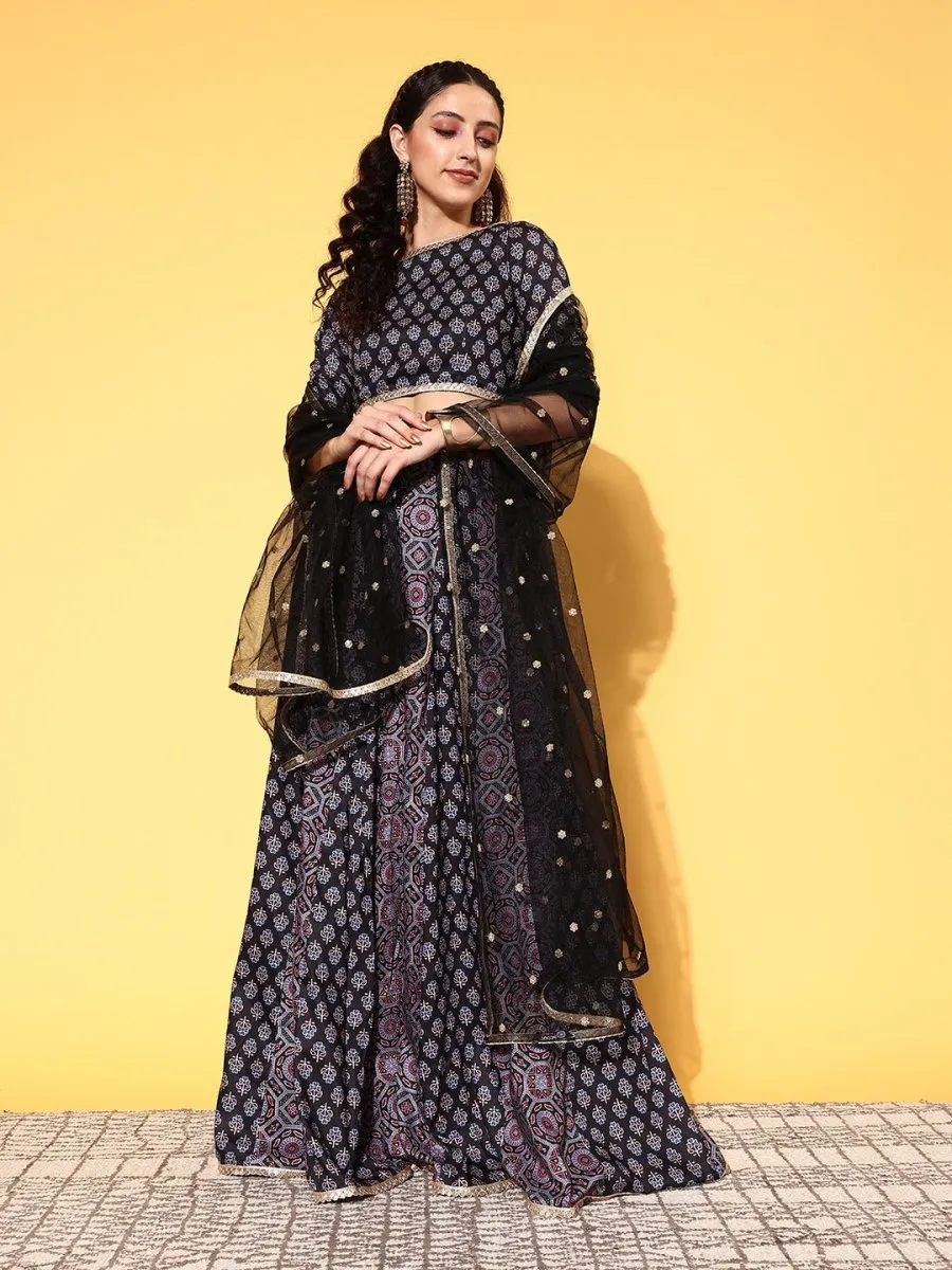 Black & Pink Printed Semi-Stitched Lehenga & Unstitched Blouse With Dupatta