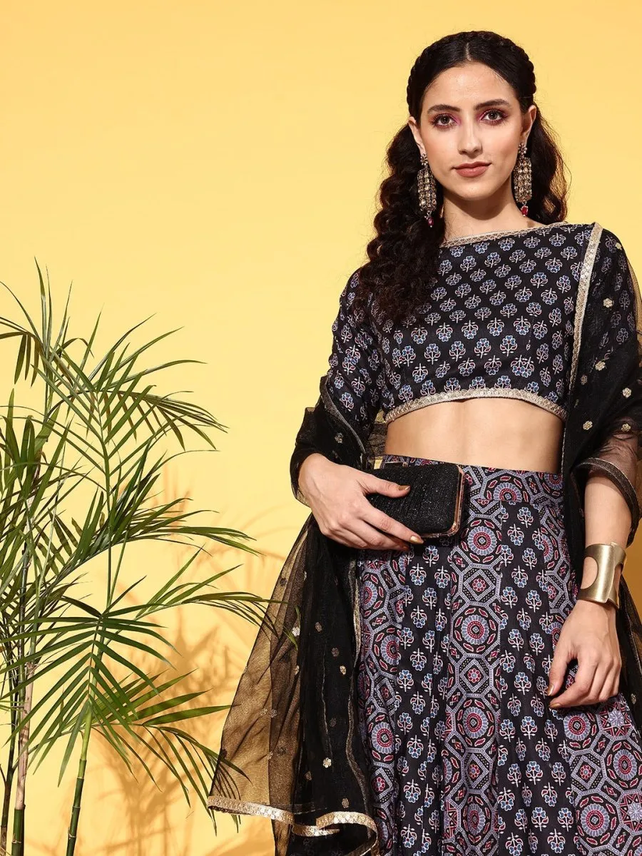 Black & Pink Printed Semi-Stitched Lehenga & Unstitched Blouse With Dupatta