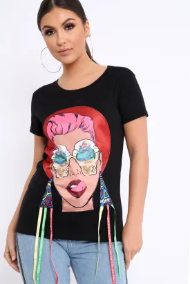 Black Crew Neck Girls Face T Shirt with Tassels - Lenna