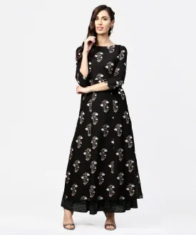 Black Printed 3/4Th Sleeve Cotton Kurta With Printed Skirt