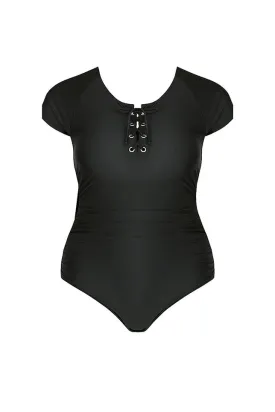 Black Short Sleeve Tie Front One Piece