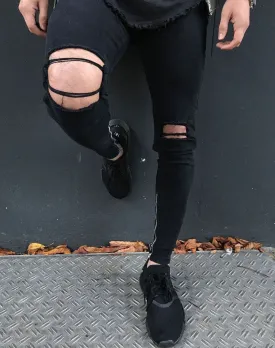 Black Skinny Knee Ripped Ankle Zipper Jeans