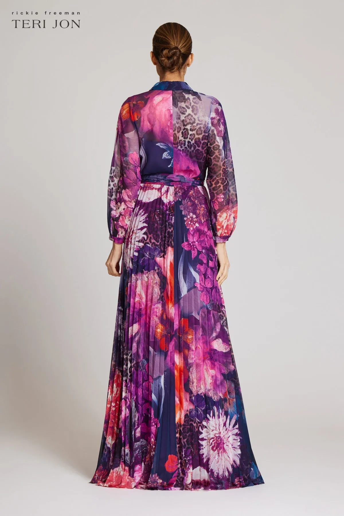 Chiffon Floral Pleated Long Sleeve Dress