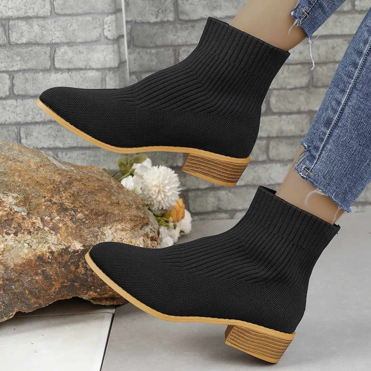 Chunky Heel Pointed Toe Ankle Boots Fashion Breathable Mid-tube Knitted Socks Shoes For Women Short Boot