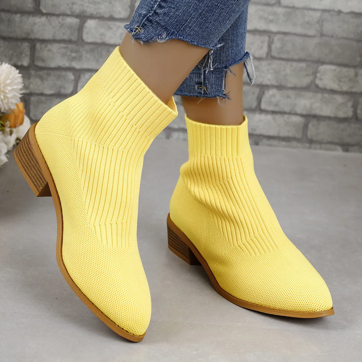 Chunky Heel Pointed Toe Ankle Boots Fashion Breathable Mid-tube Knitted Socks Shoes For Women Short Boot