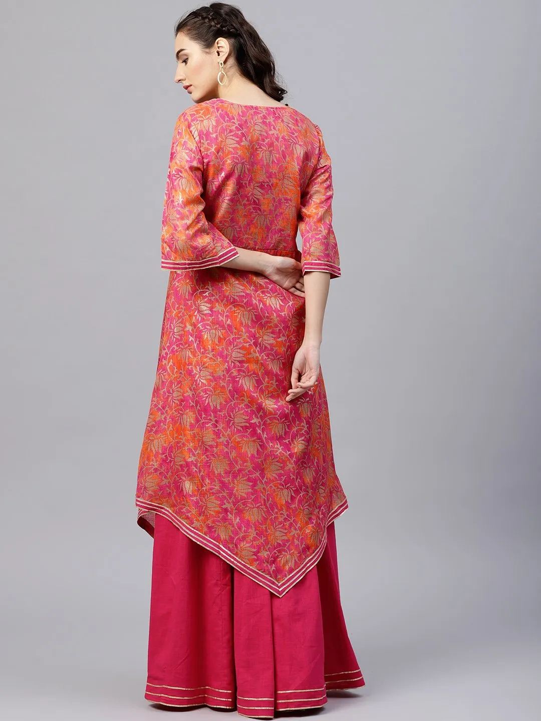 Floral Printed Round Neck 3/4Th Sleeve With A Slit Assymetric Kurta With Solid A-Line Skirt With Gota Detailing