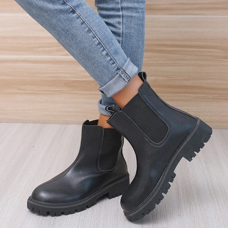 Goth Chunky Chelsea Boots 2022 Winter Warm Ankle Boots Non-slip Fashion New Women Platform Flats Shoes Short Boot Metal Chain