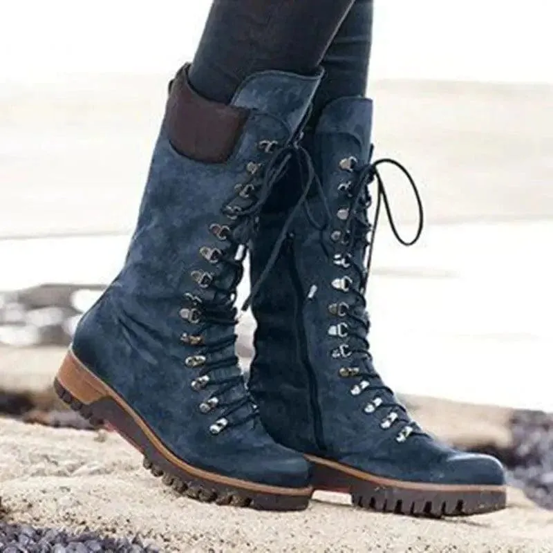 Lace-Up Combat Boot Winter Cowboy Western Boots Women Vintage Platform Shoes