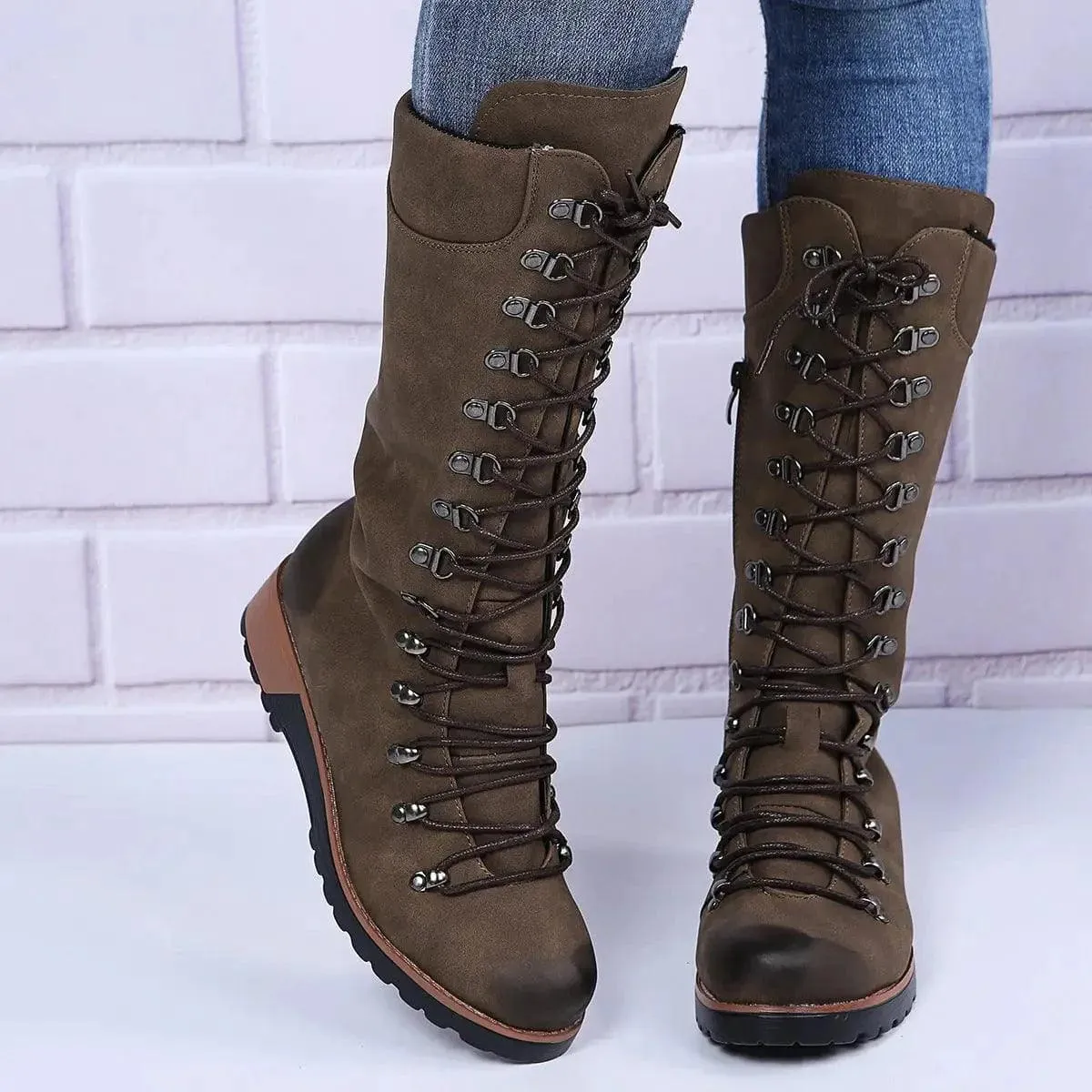 Lace-Up Combat Boot Winter Cowboy Western Boots Women Vintage Platform Shoes