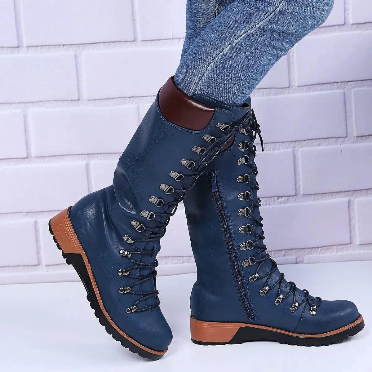 Lace-Up Combat Boot Winter Cowboy Western Boots Women Vintage Platform Shoes