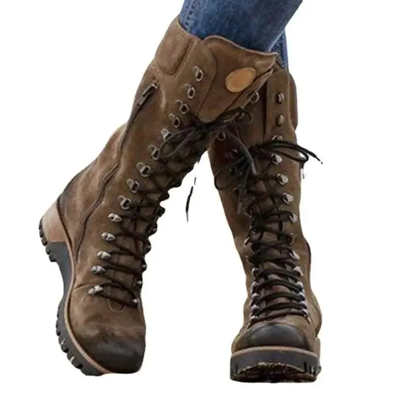 Lace-Up Combat Boot Winter Cowboy Western Boots Women Vintage Platform Shoes