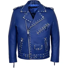 Men's Blue Leather Biker Jacket