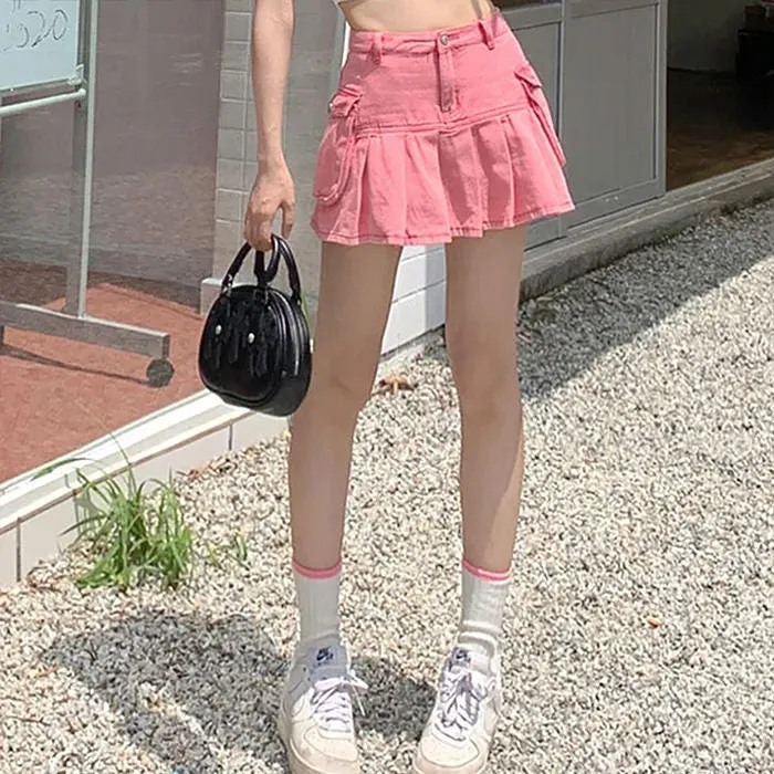 Pink Denim Cargo Mini Skirt