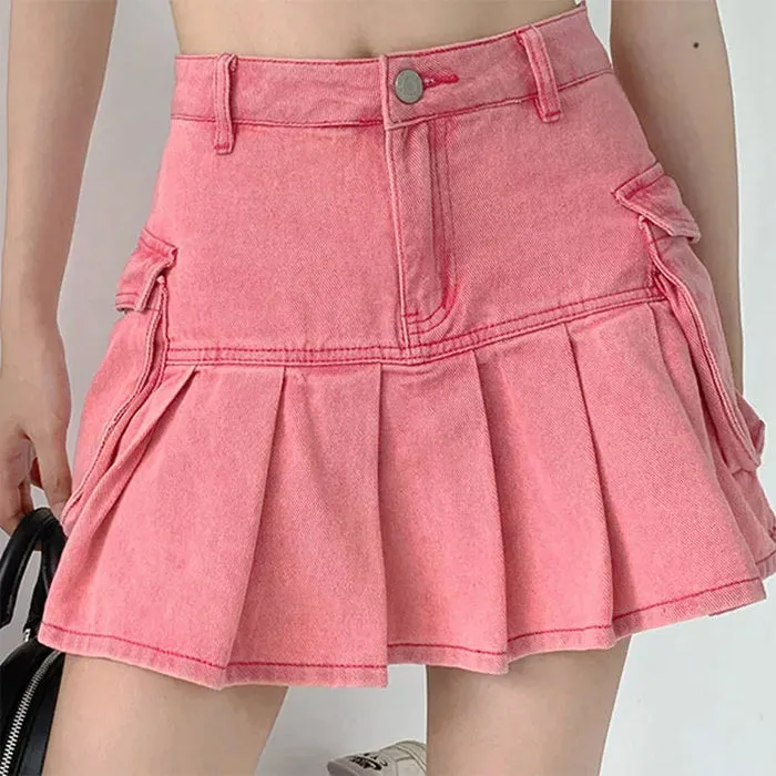 Pink Denim Cargo Mini Skirt