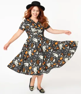 Plus Size Retro Black Halloween Print Evita Swing Dress