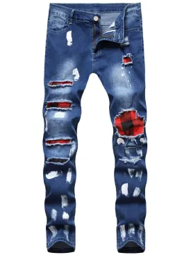 Printed Ripped Patch Tie Feet Jeans