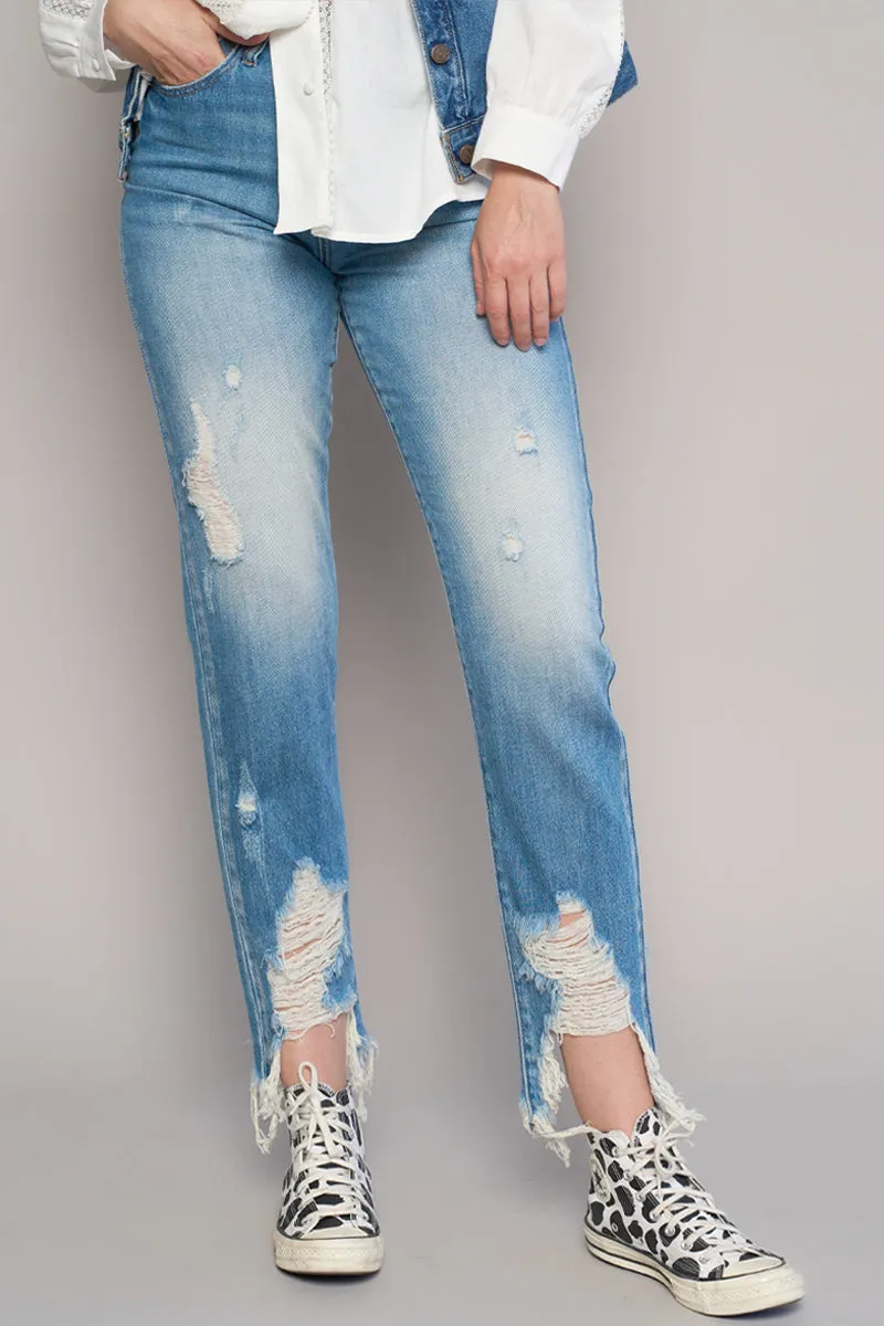 Pure Blue Crew Ripped Girlfriend Jeans Without Belt