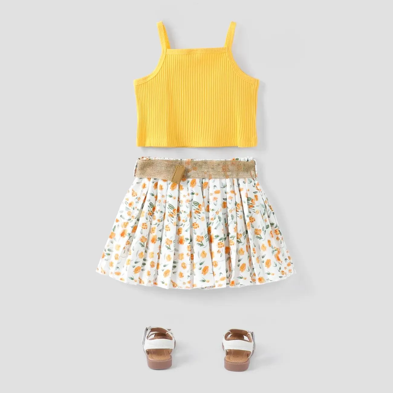 Ribbed Crop Cami & Floral Print Skirt Set- Toddler Girl (3pcs )