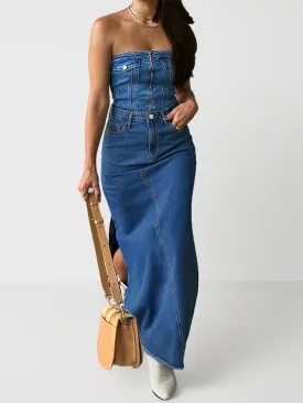 Stretchy High-Rise Split Side Maxi Denim Skirt - Women's Denim Skirts with Elegant Slash Pockets, Comfortable & Flattering Fit - Perfect for Casual Daily Wear