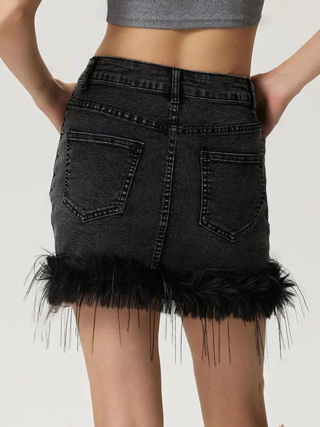 TEEK - Black Plush Hem Mini Denim Skirt