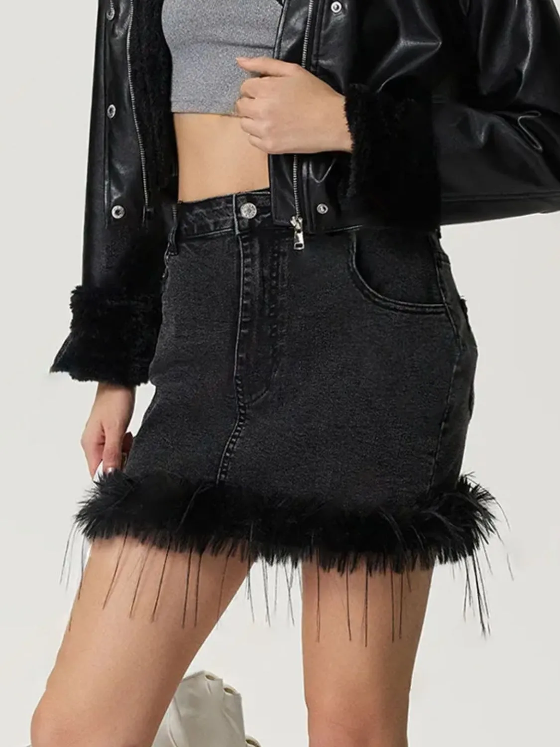 TEEK - Black Plush Hem Mini Denim Skirt