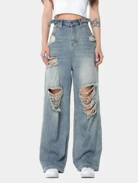 Wenkouban Blue Vintage Wide Leg Ripped Jeans