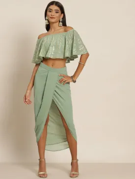 Women Green Shloka Foil Crop Top With Dhoti Skirt