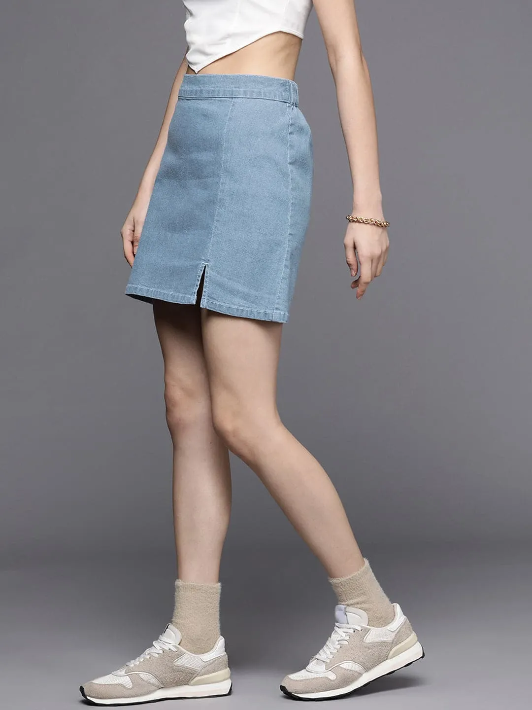 Women Ice Blue Denim Side Slit Mini Skirt