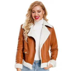 Women’s Brown Biker Genuine Sheepskin Sherpa Shearling Faux Fur Moto Café Racer Asymmetric Bomber Leather Jacket