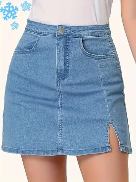 Women's Sexy Denim Skirt, Light Blue Plain, Mini A-Line Cut With Side Slit, Casual Fashion, Versatile Summer Outfit