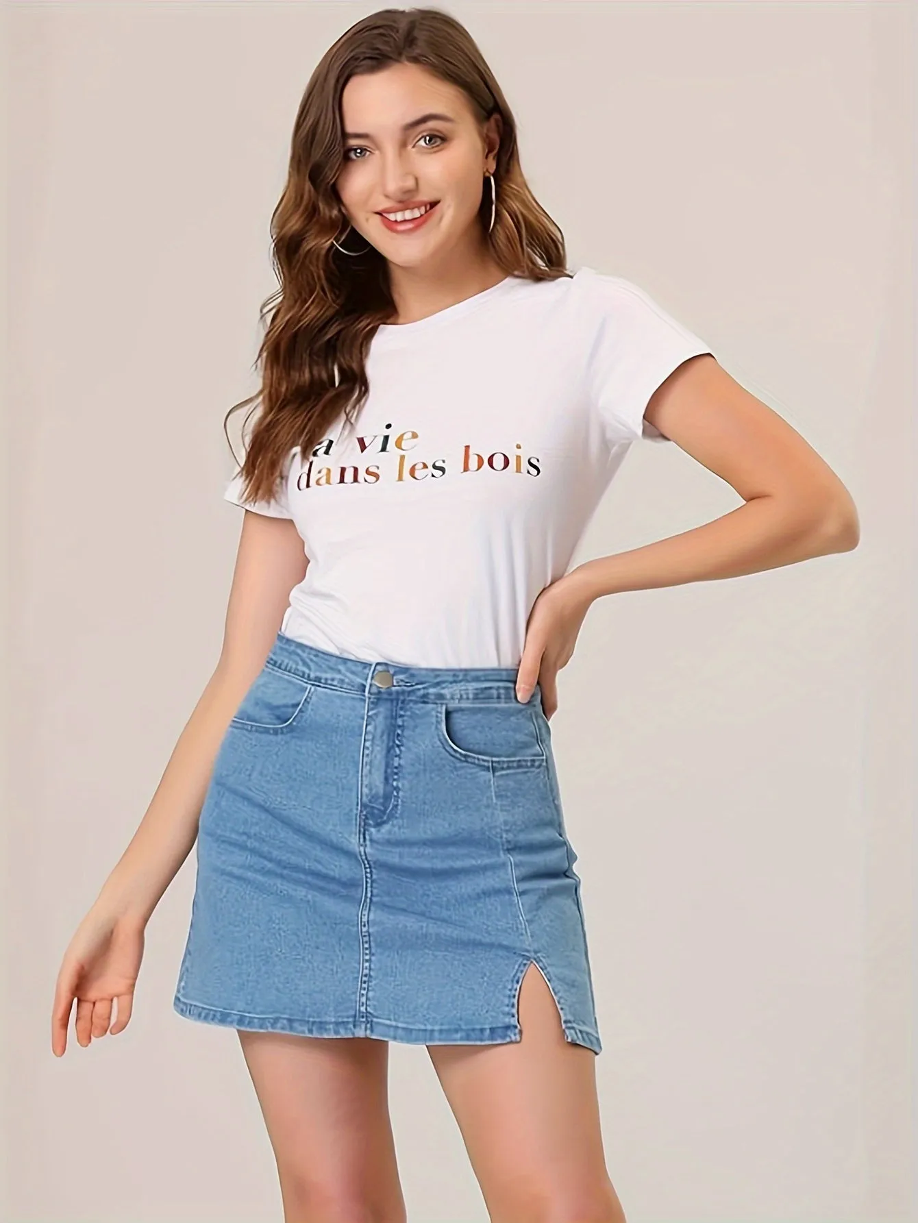 Women's Sexy Denim Skirt, Light Blue Plain, Mini A-Line Cut With Side Slit, Casual Fashion, Versatile Summer Outfit